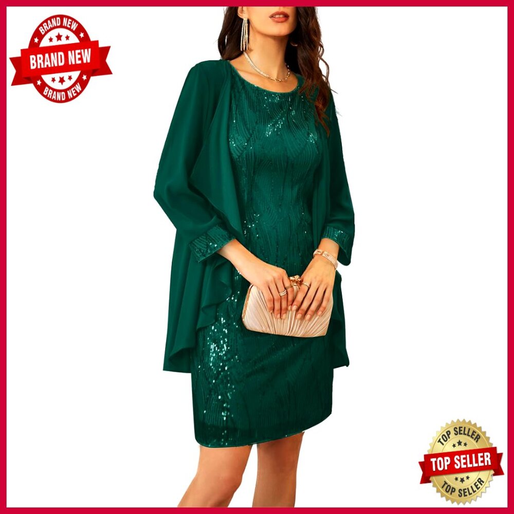 Sequin Two-Piece Dress Elegant Formal Cocktail Party Wear Jacket Included